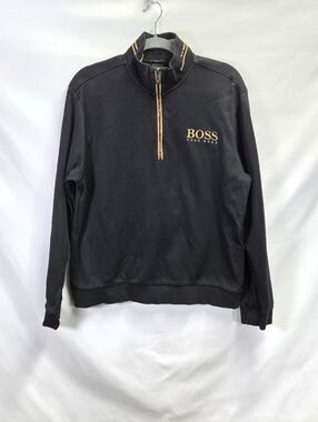 Hugo Boss 1/4 Zip Sweater Mens Black Gold Logo XL